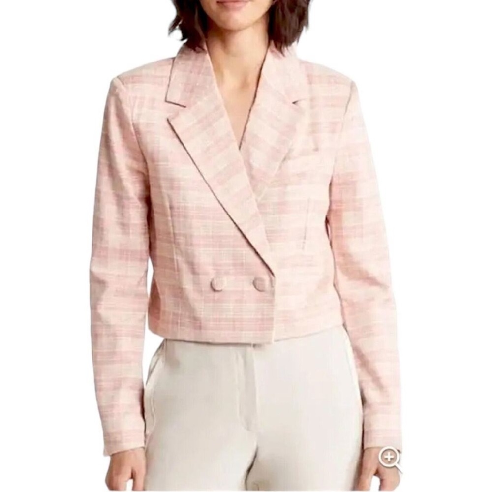 7 For All Mankind Pink Plaid Cropped Double-Breasted Blazer S
